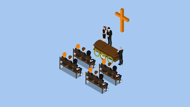 Funeral ceremony with priest and sad family members wearing black suits