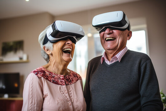 Elderly Couple Laughing Together with Virtual Reality Headsets
