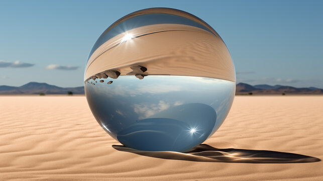 Glass ball relect desert landscape view on earth