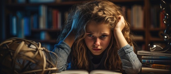 Girl struggling with complex homework, touching head while frustrated.