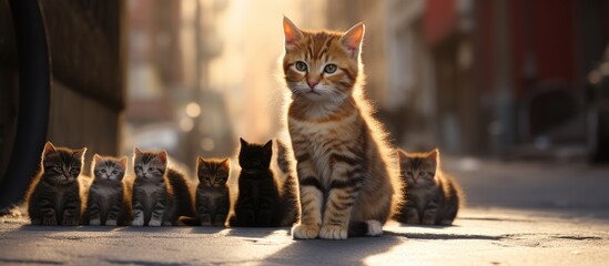 A stray cat flock on a city street, including a small kitten.