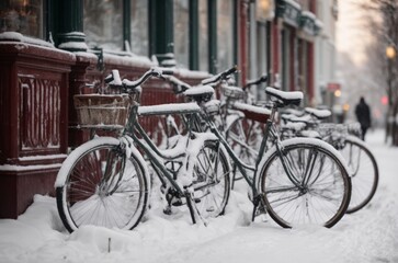 Fototapeta na wymiar Snow Covered Bicycles on a City Sidewalk