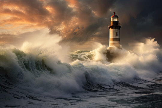 Lighthouse on the coast facing strong waves