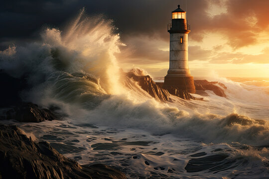 Lighthouse on the coast facing strong waves