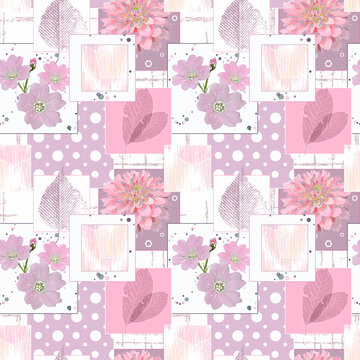 Seamless patchwork floral pattern. White, pink background.