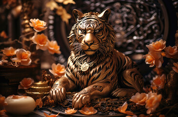 Chinese Zodiac sign Tiger made of gold among gold treasures