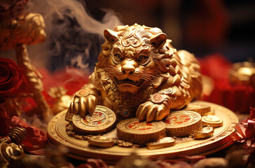 Chinese Zodiac sign tiger made of gold among treasures and gold coins