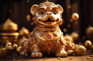 Obraz premium Chinese Zodiac sign dog made of gold among gold treasures
