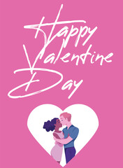 Valentine Day card, couple in white heart and lettering, cartoon vector