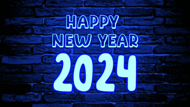 Neon Blue Happy new year 2024 text flickering animation motion graphics on brick wall  background.glowing and shining for new year modern concept