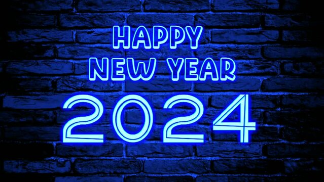 Neon Blue Happy new year 2024 text animation motion graphics flickering on brick wall  background.glowing and shining for new year modern concept