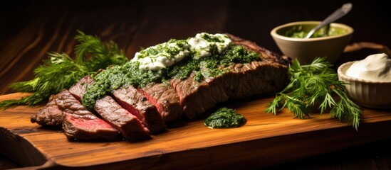 Flank steak with chimichurri and horseradish sauce on a wooden table.