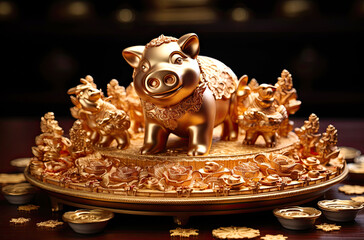 Fototapeta na wymiar Chinese Zodiac sign pig made of gold among gold treasures