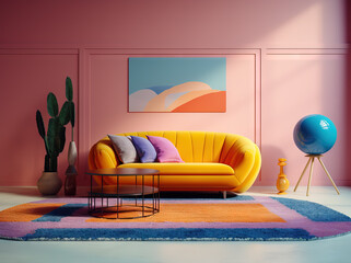Colorful interior with sofa. Cozy room with comfortable couch and pillows.