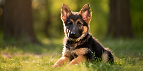 A german shepherd dog is sitting in a field. Graceful Guardian: German Shepherd Sitting in a Sunlit Field