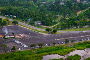 An aerial view of the road and parking lot.