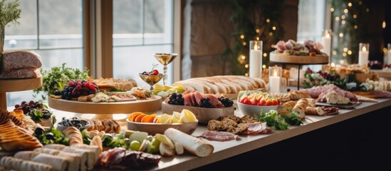 Elegantly adorned catered banquet table with a variety of appetizers, snacks, and sandwiches for a festive occasion. - obrazy, fototapety, plakaty