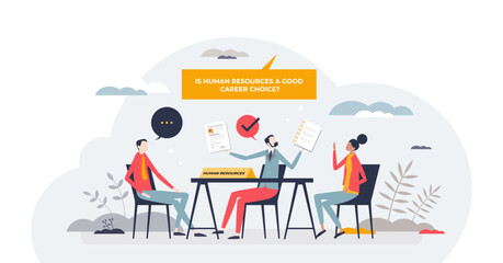 Is human resources good job to plan professional future tiny person concept, transparent background. Career strategy and life choice for employment illustration.