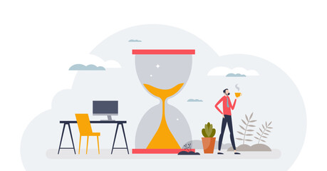 Work life balance with time for career and relaxation tiny person concept, transparent background. Limited time for job or wellness for healthy recover from stress illustration.