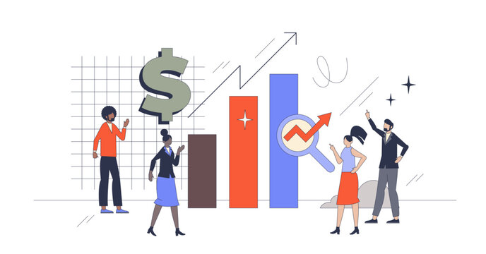 Financial growth and increasing business profit retro tiny person concept, transparent background.Investment results and improvements in sales illustration.
