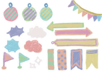 
Collection of colored pencil labels, newspaper clippings, icons used as collages