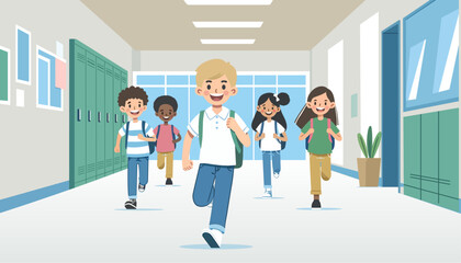 Children running in school hallway vector illustration