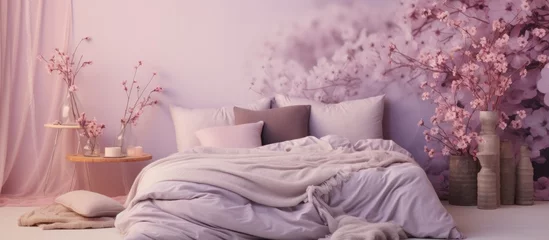 Foto auf Acrylglas 2023's trendy boho bedroom features a pastel bed with lilac and pink gypsophila flowers, vintage retro loft decor. © 2rogan