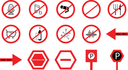 Stop red sign set with arrow , pills, sound, music, prohibited icon circle symbol.