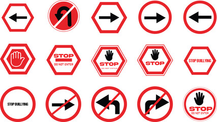 Stop red sign set with arrow , pills, sound, music, prohibited icon circle symbol.