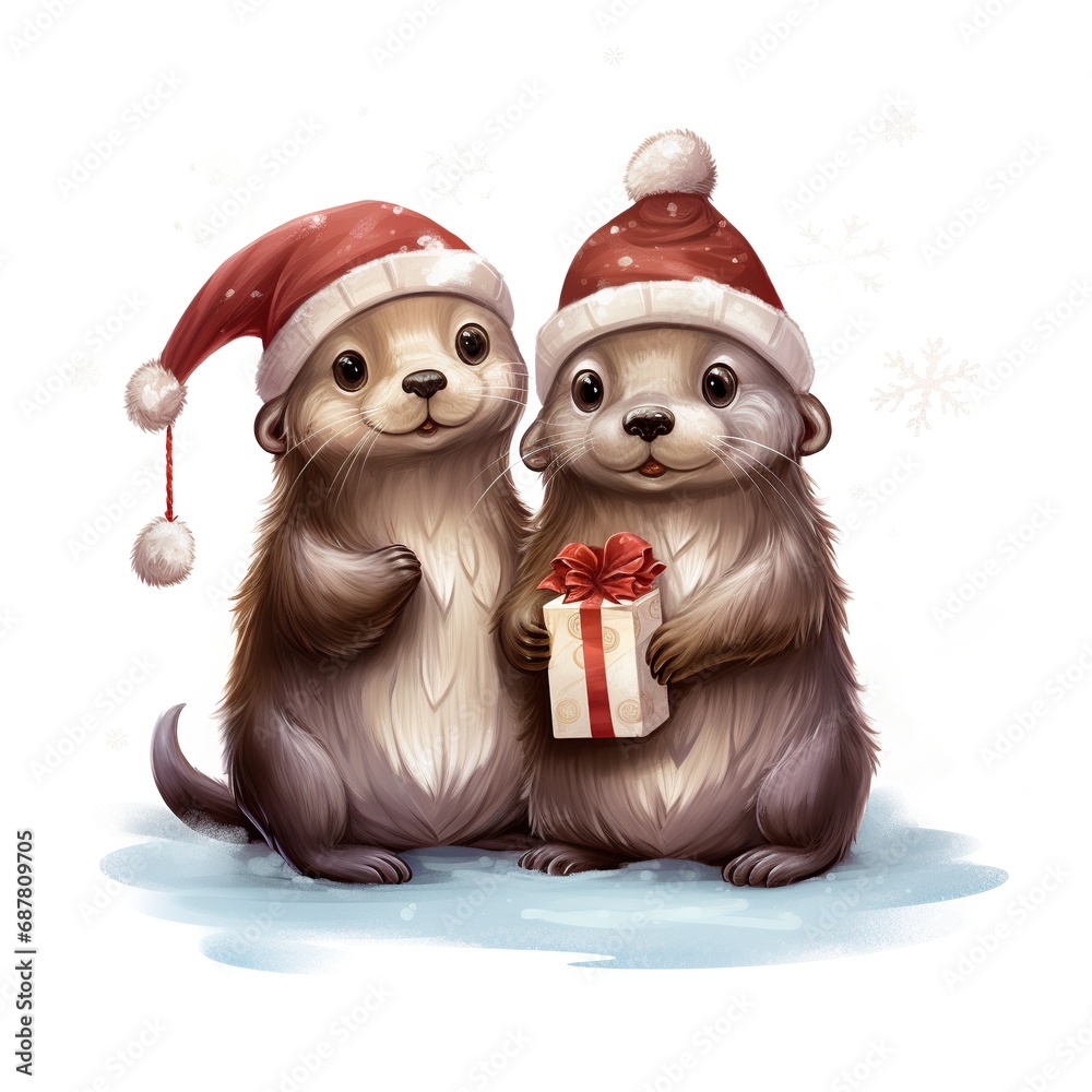 Wall mural Playful otters with Christmas gift