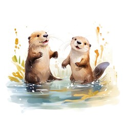 Playful otters playing in the water