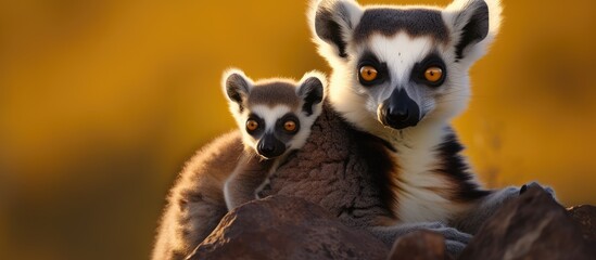 Obraz premium Endangered lemur with baby on back, Stone in Madagascar reserve.