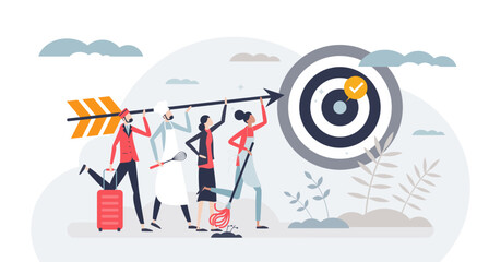 Goals and targets success from various occupations tiny person concept, transparent background. Multidisciplinary accomplishment with hard effort, precise objectives and perfection illustration.