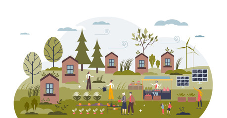 Self sufficient community with green lifestyle practices tiny person concept, transparent background. Ecological local food growing and alternative energy consumption illustration. Eco home district.