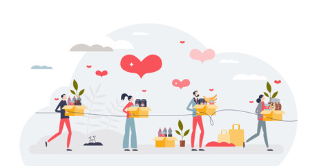 Charity chain reaction and volunteer care crowd effect tiny person concept, transparent background. Humanitarian community with empathy, solidarity and love care illustration.