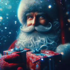 Santa Claus portrait with gifts on a festive background