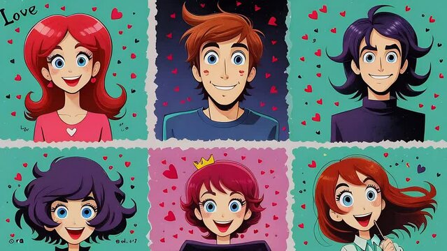 Collage with images of different cheerful laughing people. Valentine's Day. Animation.