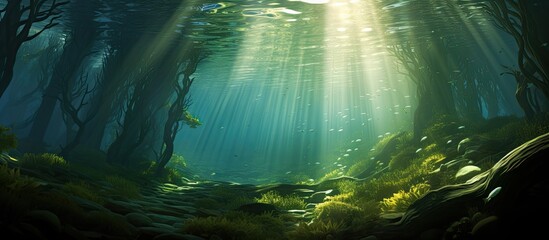 Clear water allows sunlight to filter through enormous underwater kelp, creating a stunning forest.