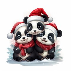 Adorable baby pandas santa claus and snowman on white