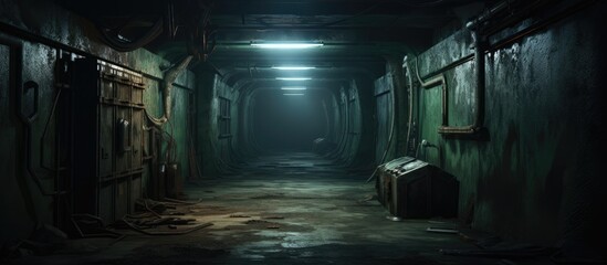 Haunted military bunker attraction: Dungeon-like room in abandoned bunker for thrill-seekers and gamers. - obrazy, fototapety, plakaty