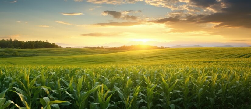 Countryside with sunset over corn field.