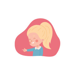 Laughing girl pointing index finger to left side.