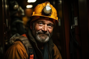 Old and bearded smiling miner in the mine.