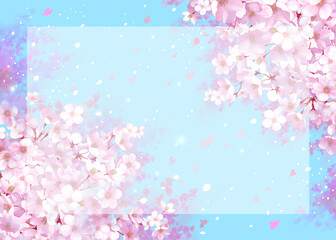 桜と青空の背景素材　枠　桜吹雪　お花見　入学　卒業　入園　卒園　入社　ひな祭り　雛祭り