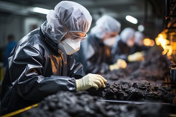 Human geologists and engineers examine samples of black coal - obrazy, fototapety, plakaty