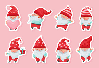 Funny Gnome or Dwarf in Red Hat with White Beard Vector Sticker Set