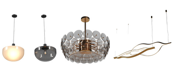 chandelier on the ceiling isolated on transparent background, hanging lamp, pendant light, 3D illustration, cg render