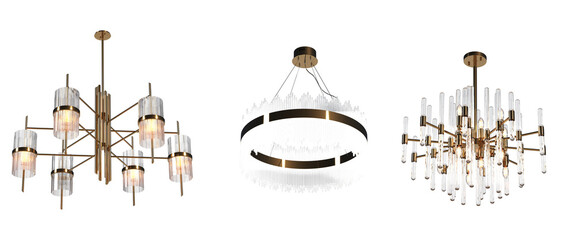 chandelier on the ceiling isolated on transparent background, hanging lamp, pendant light, 3D illustration, cg render