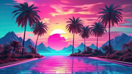 Fototapeta na wymiar Retro 1980s-style background with palm trees, sun, and mountains. Futuristics Landscape