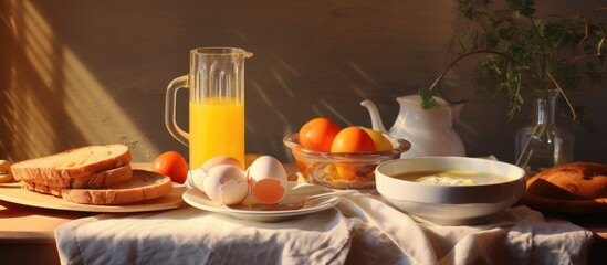 Fototapeta na wymiar A morning meal with eggs, bread, drinks.